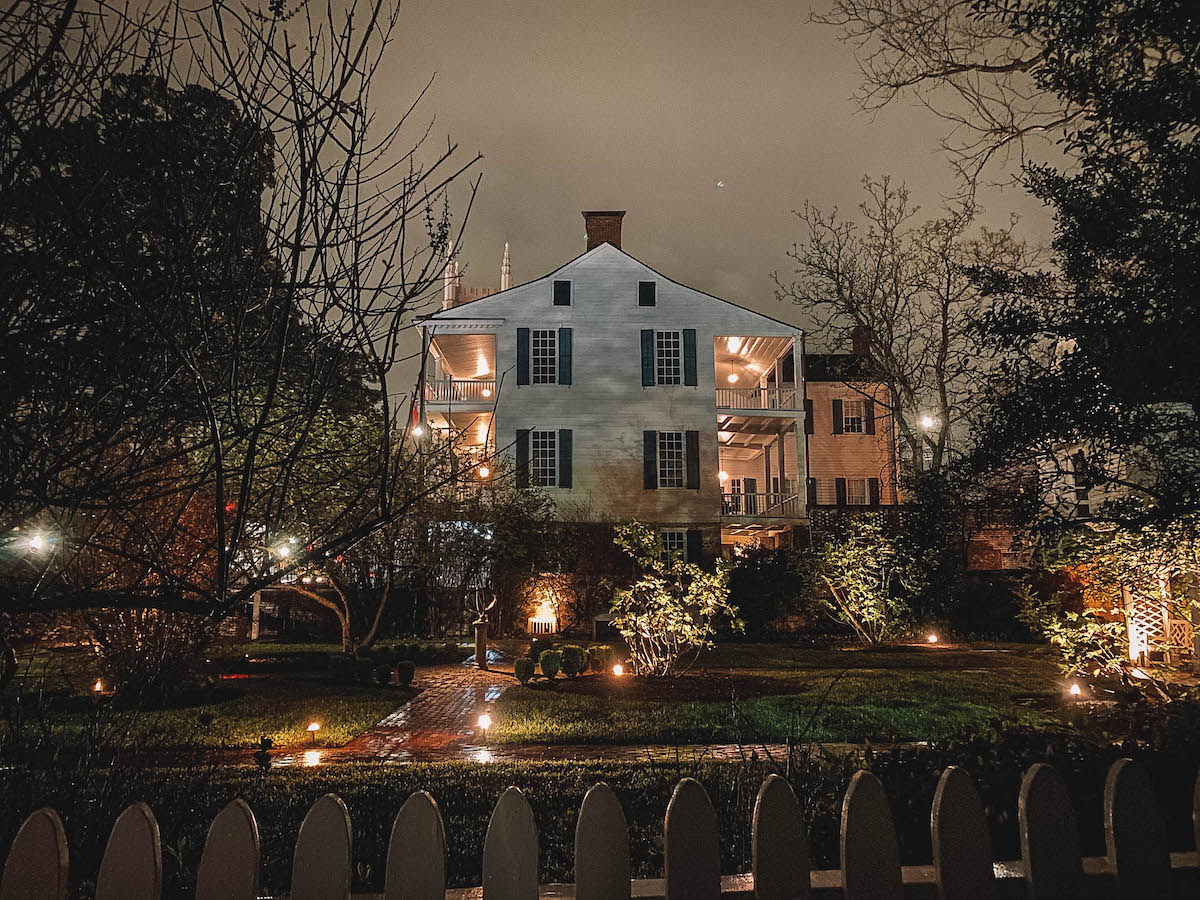 The Burgwin-Wright House at night. 