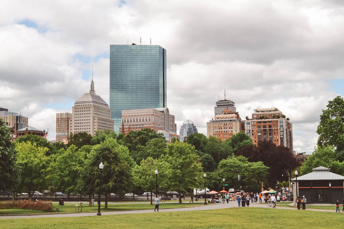 The Boston Common with buildings in the background. 