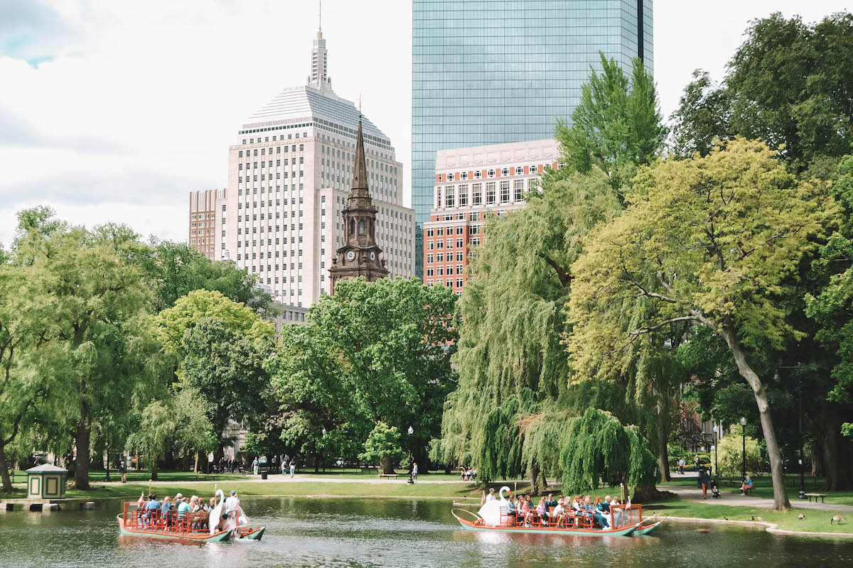Swan boats on the lake in the Boston Common, with the city skyline in the background. 