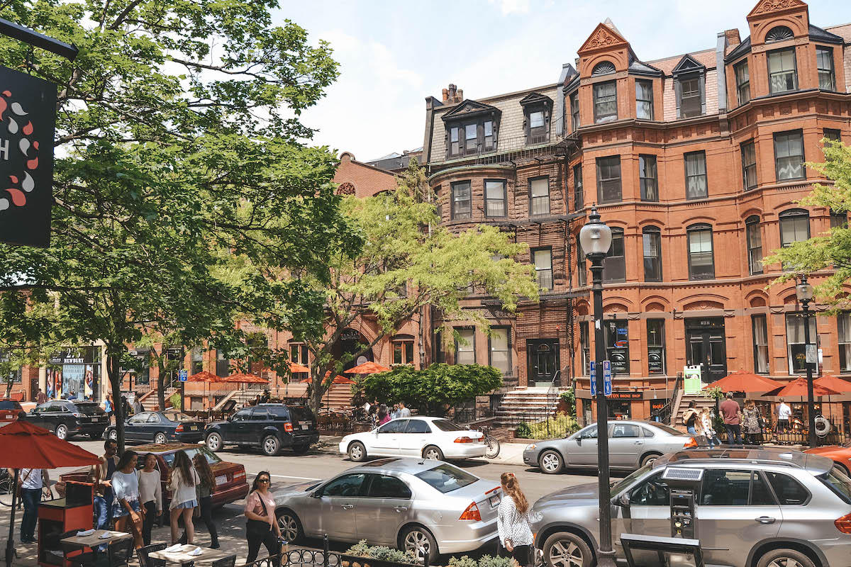 Street view of Newbury Street in Boston. 