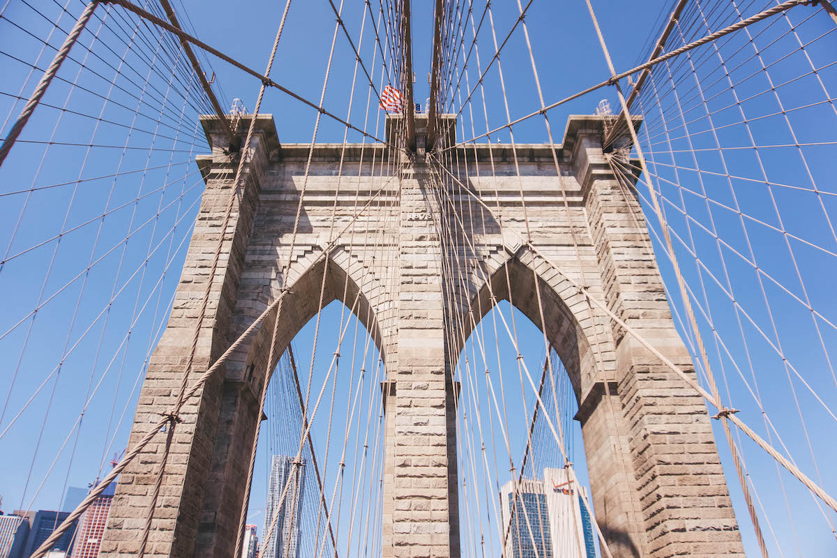 View of the support pillars of the Brooklyn Bridge.
