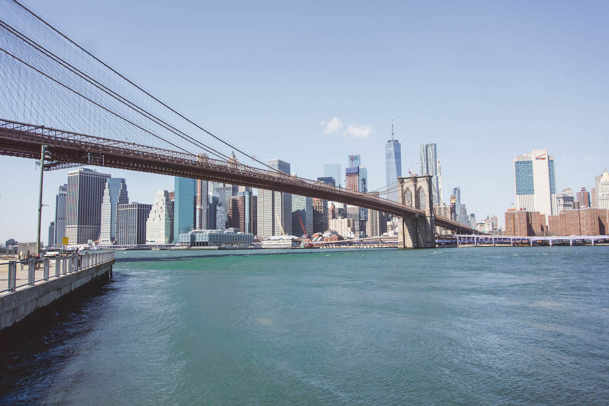 View of the Brooklyn Bridge in NYC from Brooklyn Bridge Park. 