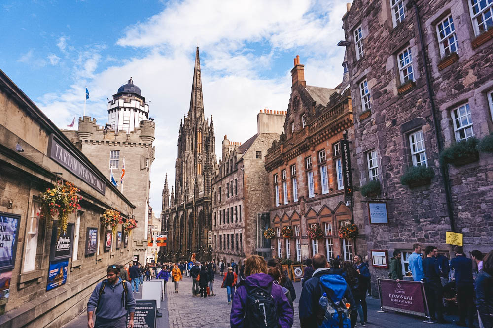 A view down the Royal Mile in Edinburgh Scotland. 