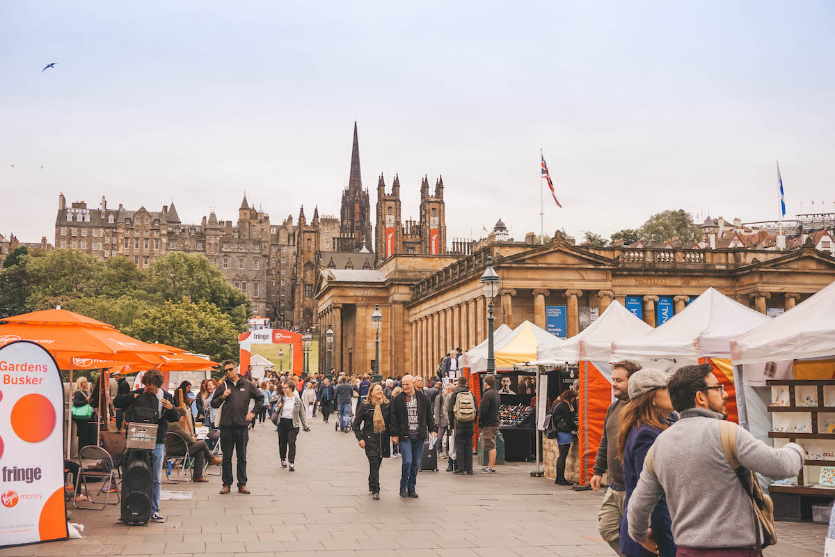 An Edinburgh Fringe Festival street scene in the Old Town. 