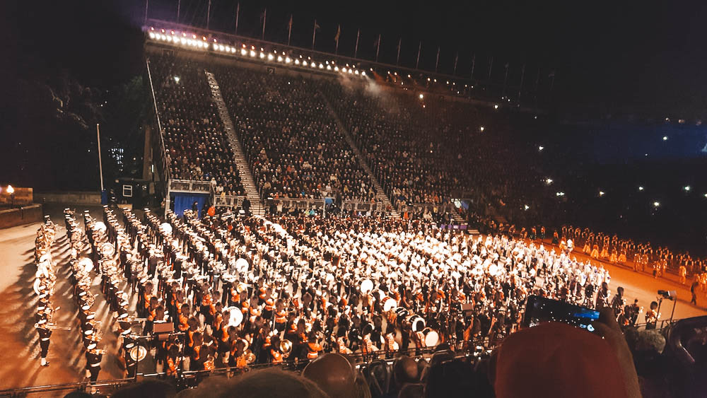 Performers marching in the Edinburgh Royal Military Tattoo. 