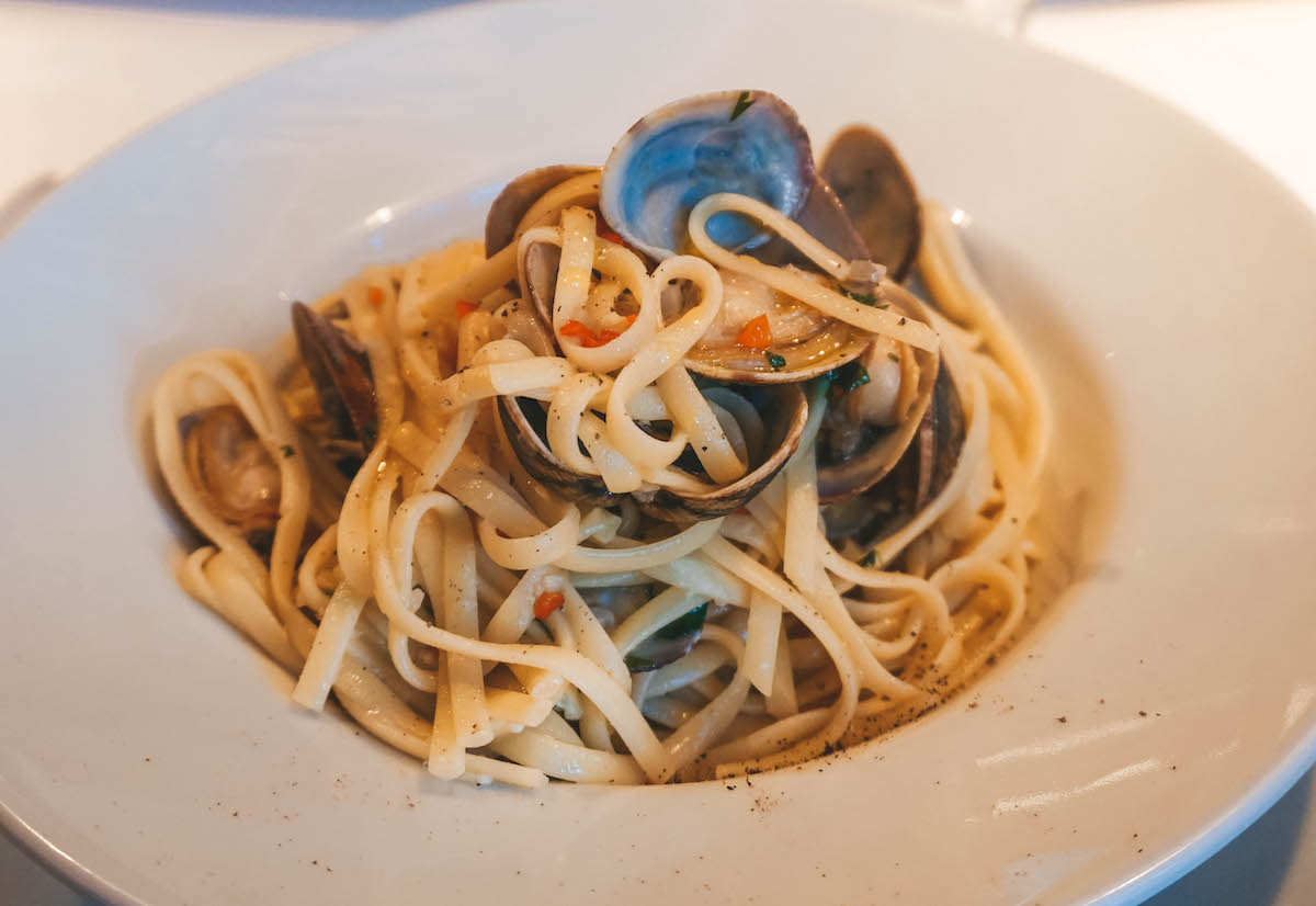 A bowl of clam pasta. 