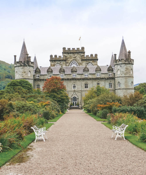 The back of Inveraray Castle and surrounding gardens.