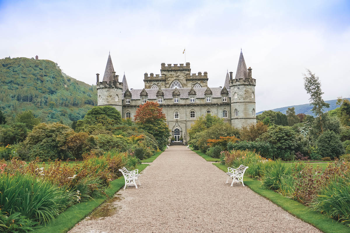 The back of Inveraray Castle and surrounding gardens. 