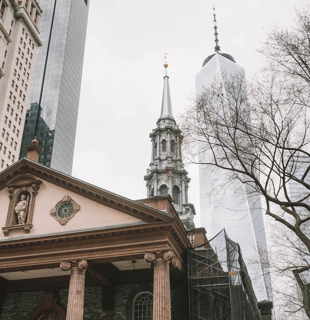 One World Trade Center behind Trinity Church in Manhattan.