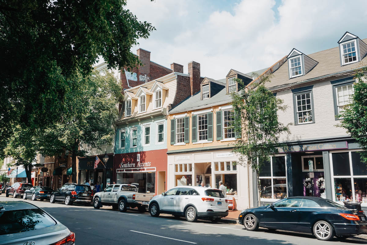 Shops lining street in Fredericksburg. 