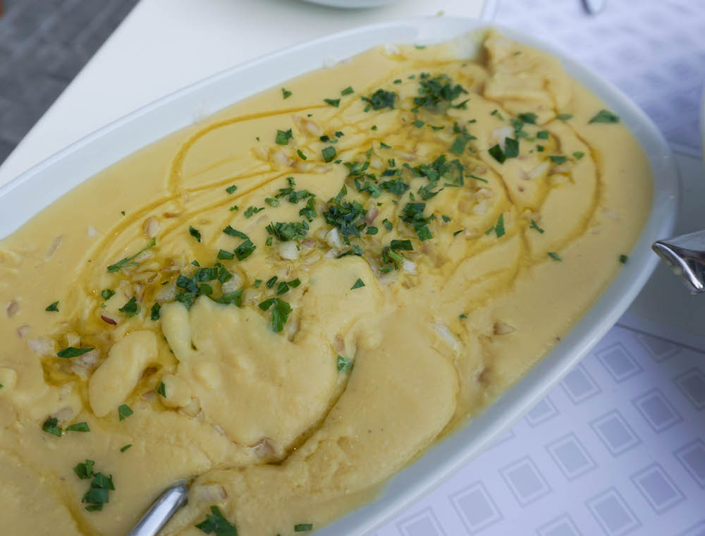 Greek fava dip in a serving platter. 