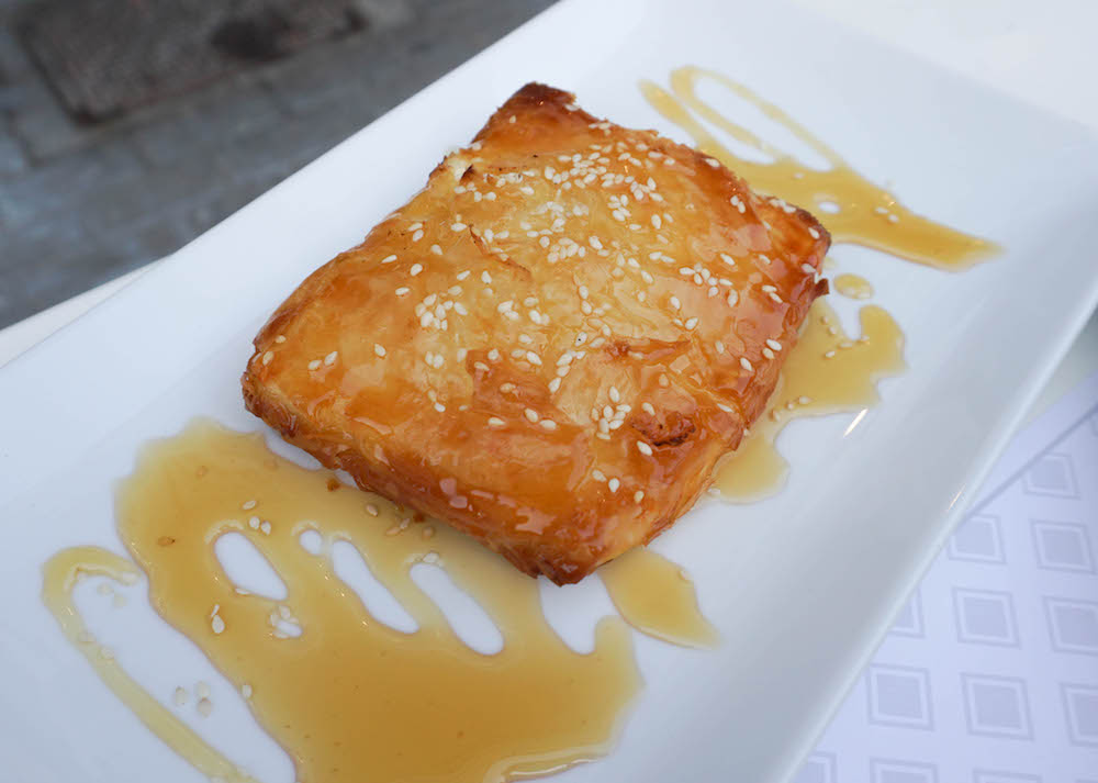 Feta wrapped in phyllo and drenched in honey. 
