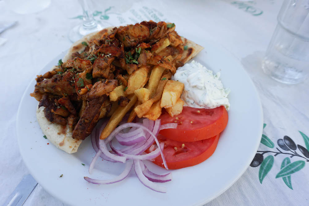 Lamb gyros with fries. 