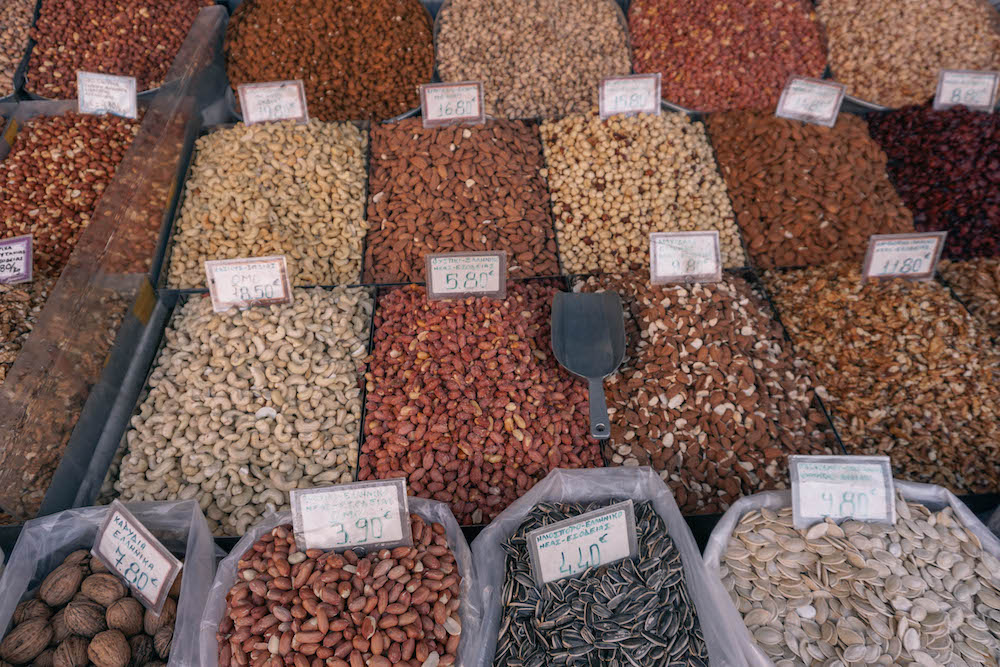 Bins of nuts and seeds for sale at the Athens Central Market
