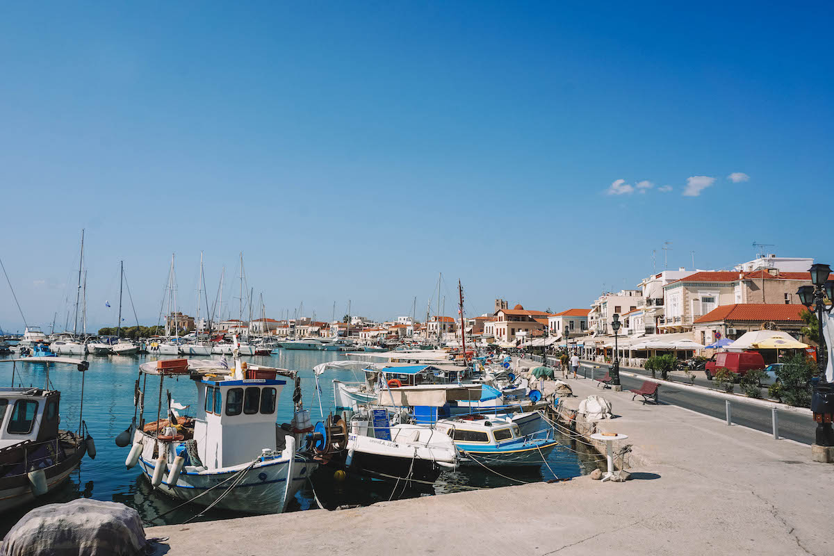 The port of Aegina Island on a sunny day. 