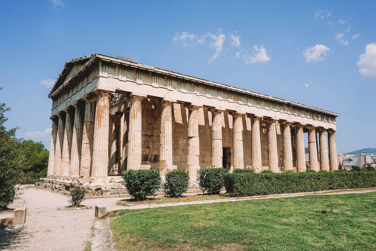 The Temple of Hephaestus in the Ancient Agora, on a sunny day. 
