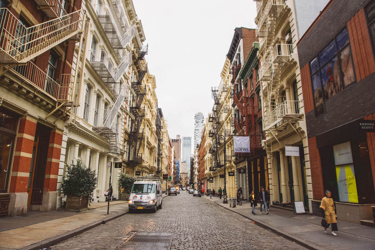 A side street in the SoHo neighborhood of Manhattan, on a cloudy day