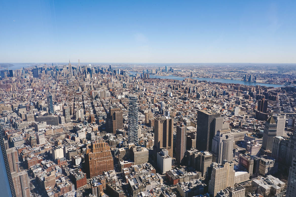 View of the NYC skyline from the One World Observatory. 