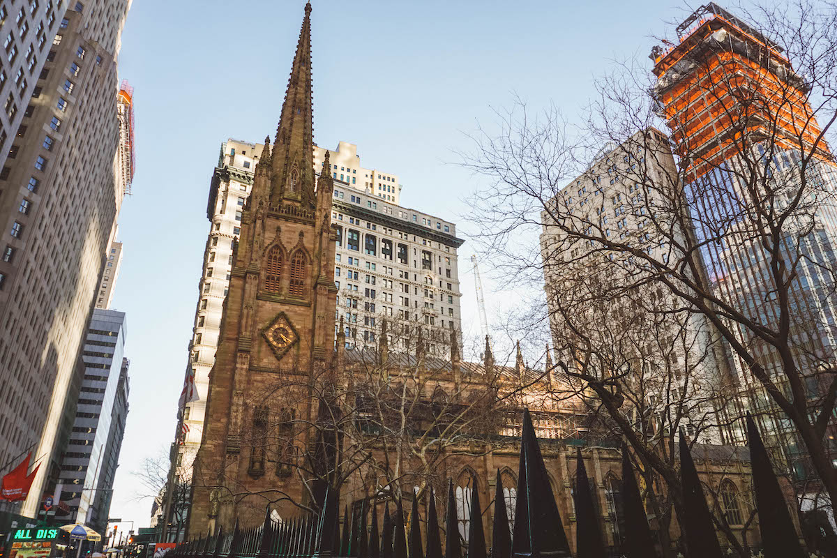 Side view of Trinity Church in FiDi NYC. 