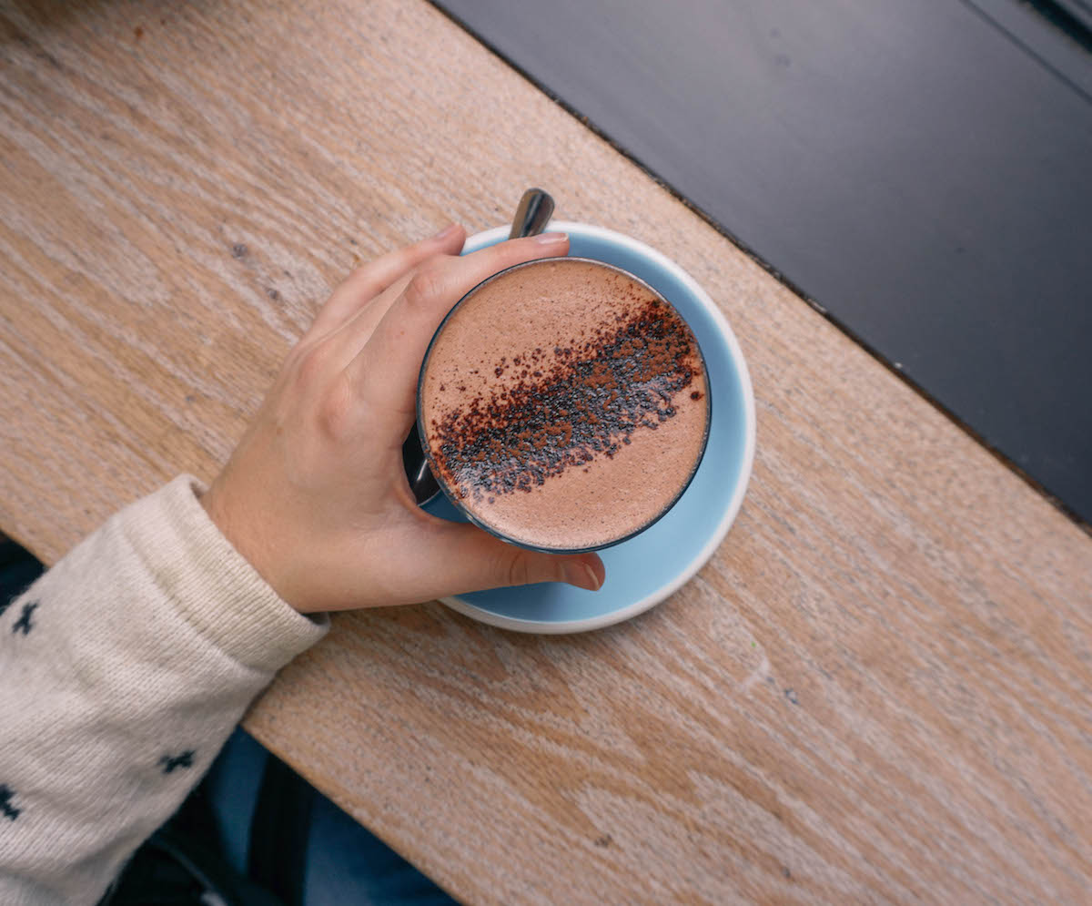 bluestone lane hot chocolate on light blue saucer