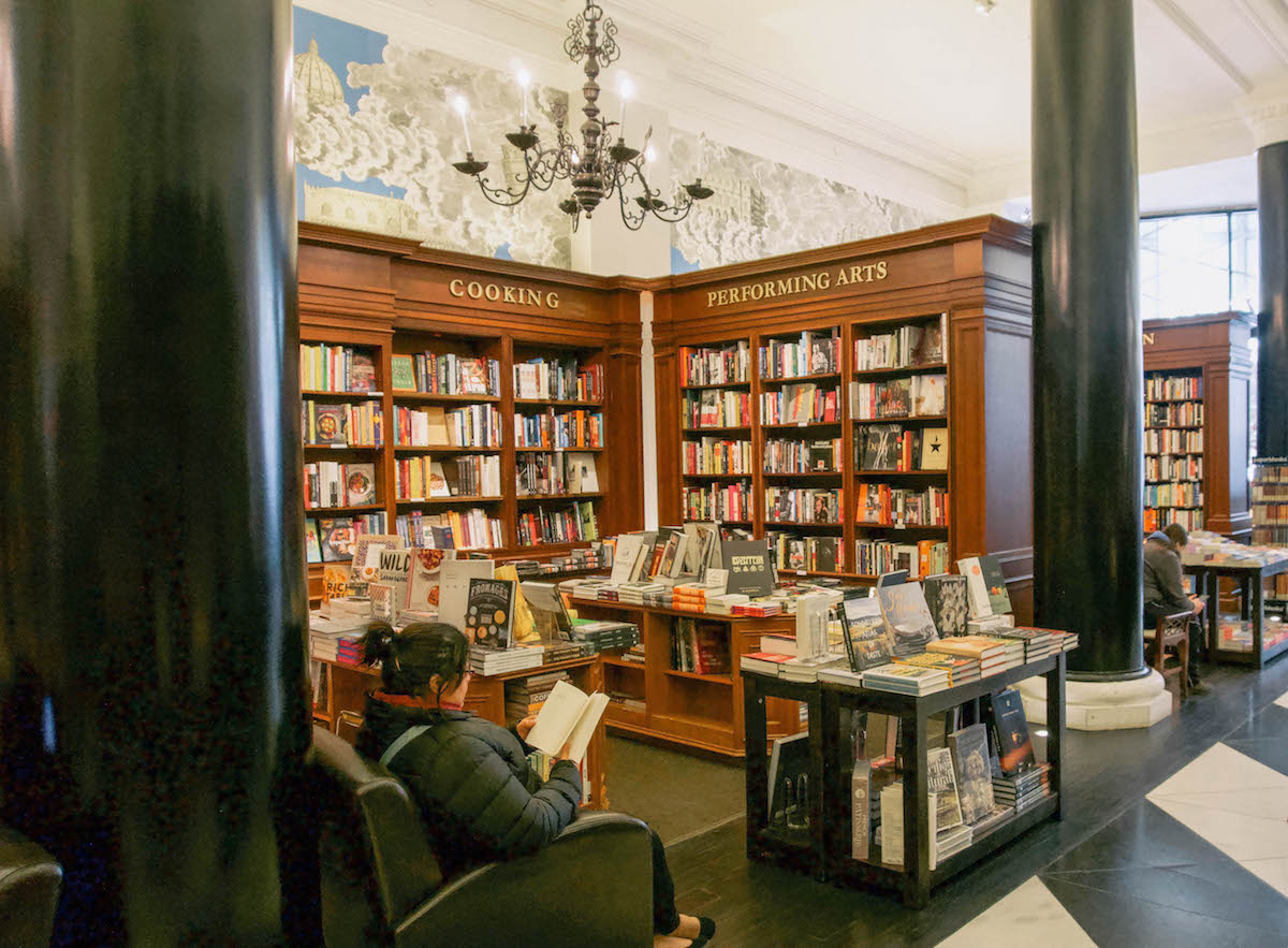 Dark shelves in Rizzoli bookstore in New York. 
