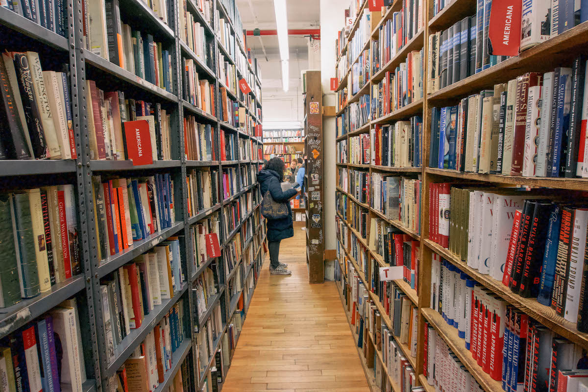 A view down an aisle of Strand bookstore NYC. 