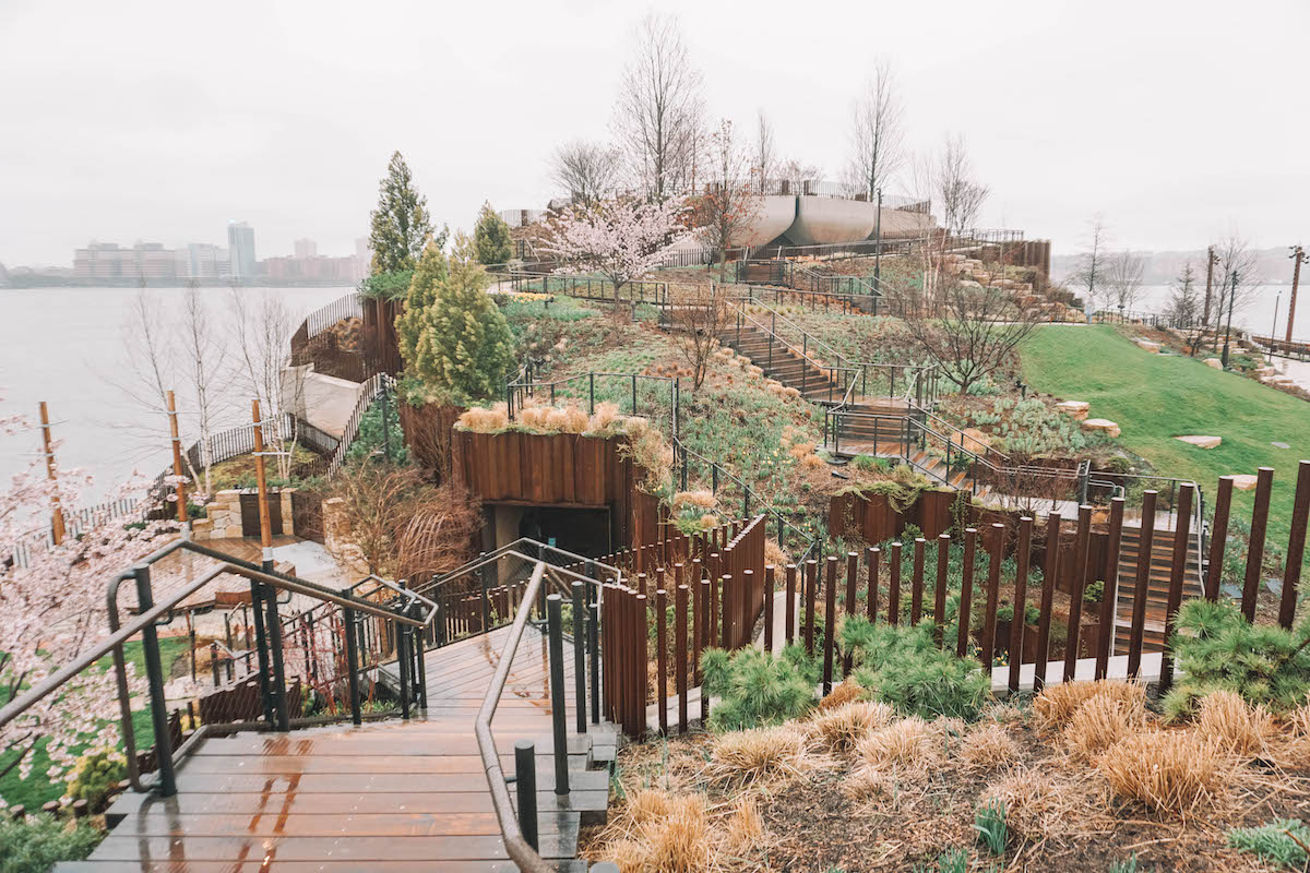 A view of Little Island in NYC, from the top of one of its hills. 