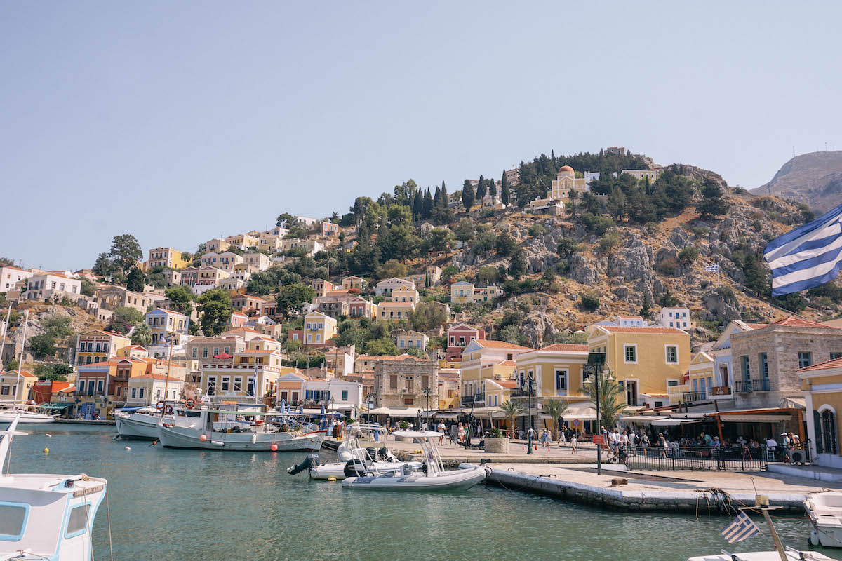 The port of Symi, Greece on a sunny day.