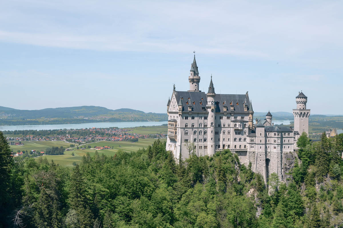 Neuschwanstein Castle, seen from afar on a sunny day