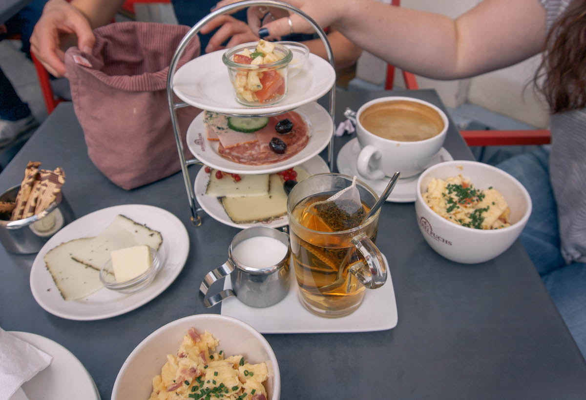 A multi-tiered breakfast spread