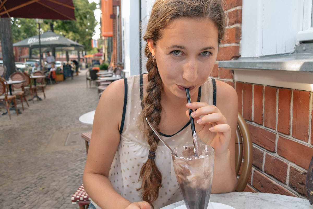 Sipping an iced hot chocolate in Potsdam.