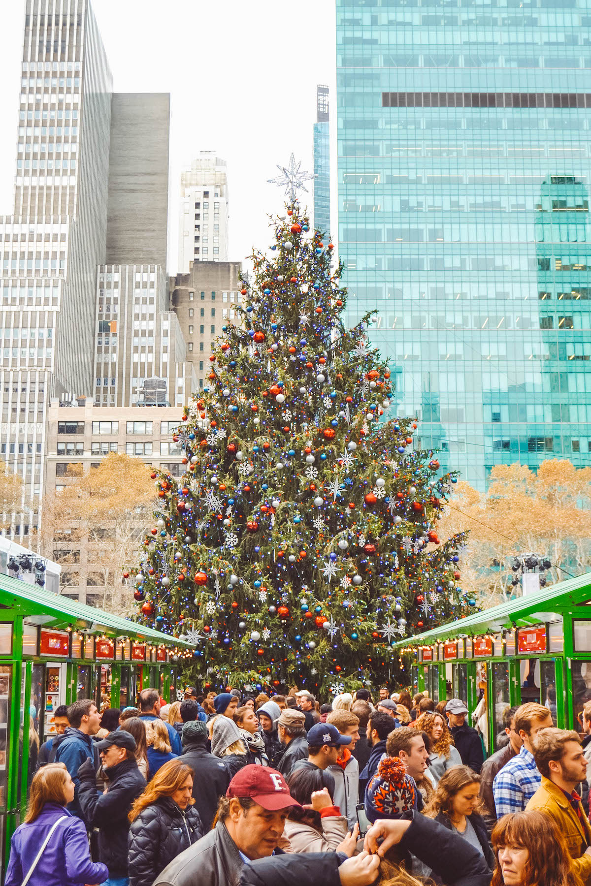 The big Christmas tree in the Bryant Park Winter Village. 