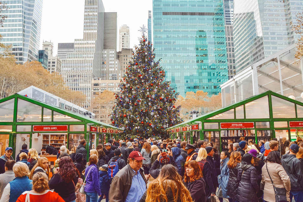 Crowd at Bryant Park Winter Village in NYC. 