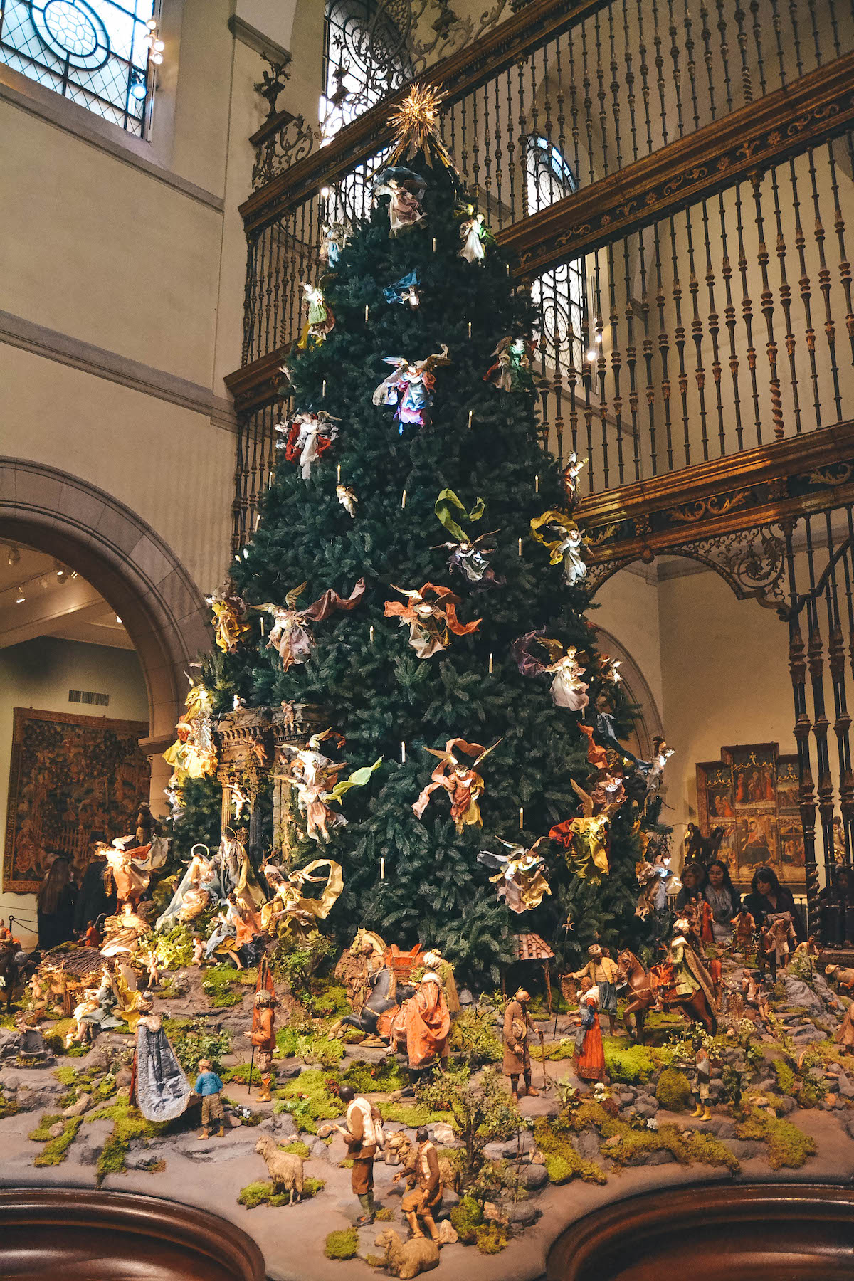 The nativity Christmas Tree inside the Met Museum in NYC.