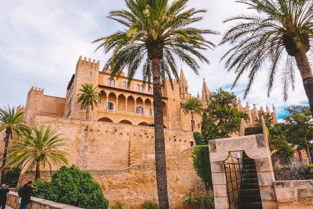 An exterior view of Palma's Royal Palace, seen from below.