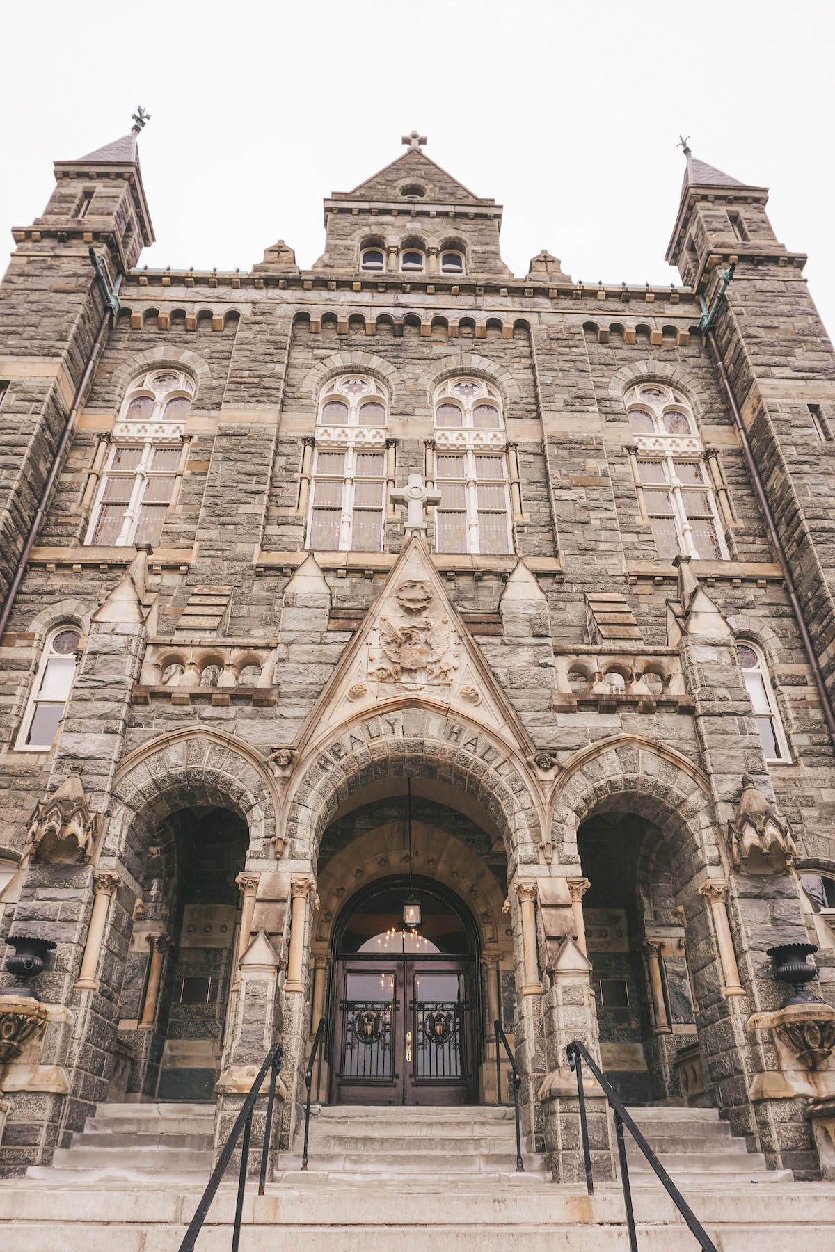 Looking up at the facade of Georgetown University's main building. 