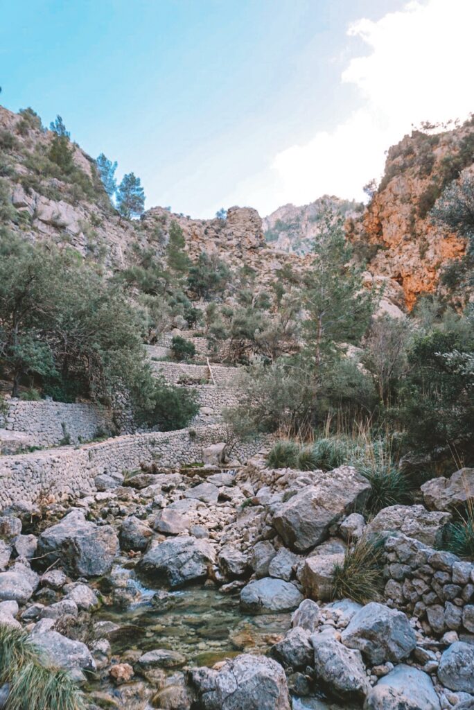 The old stone road along the Barranc de Biniaraix hiking trail.