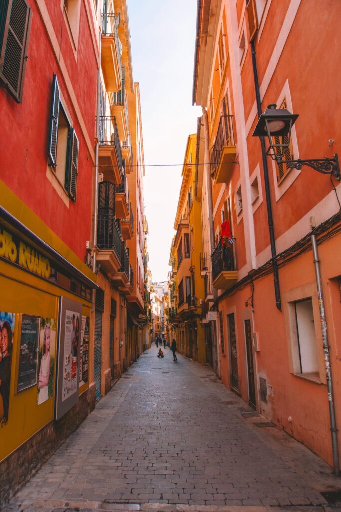 Orange and red buildings in Palma's Old Town.