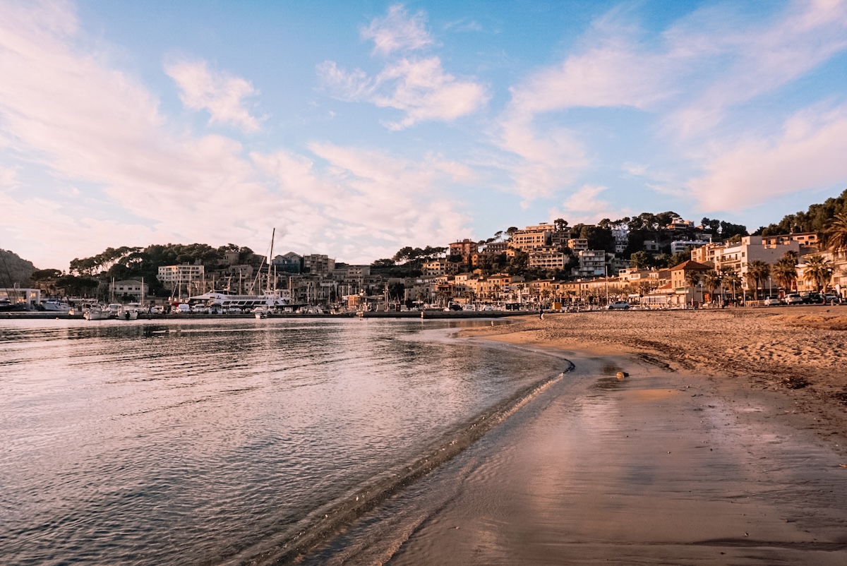 A beach at Port de Soller at sunset.