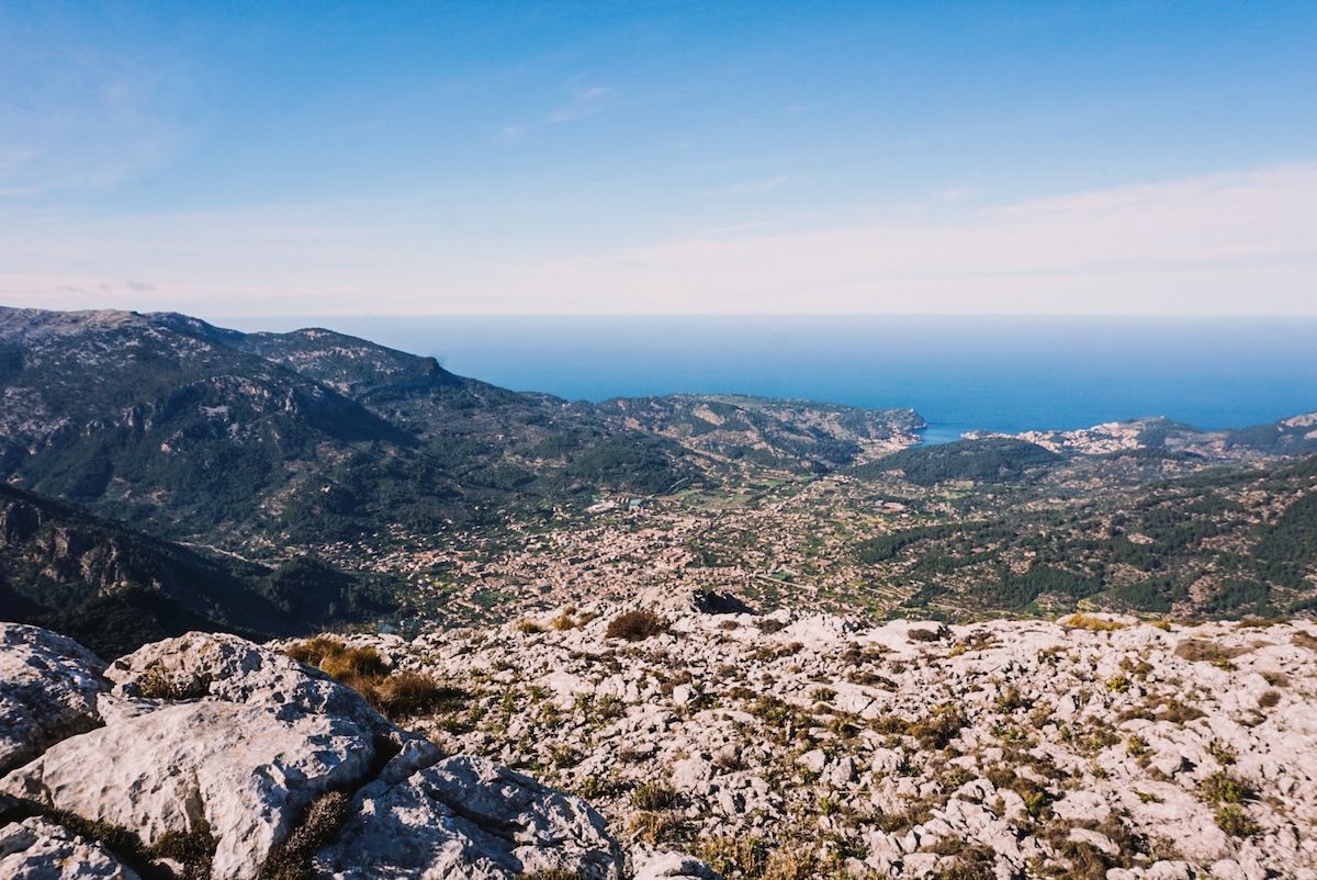 A view of the sea and mountains from the top of the Grand Cornador on Mallorca.