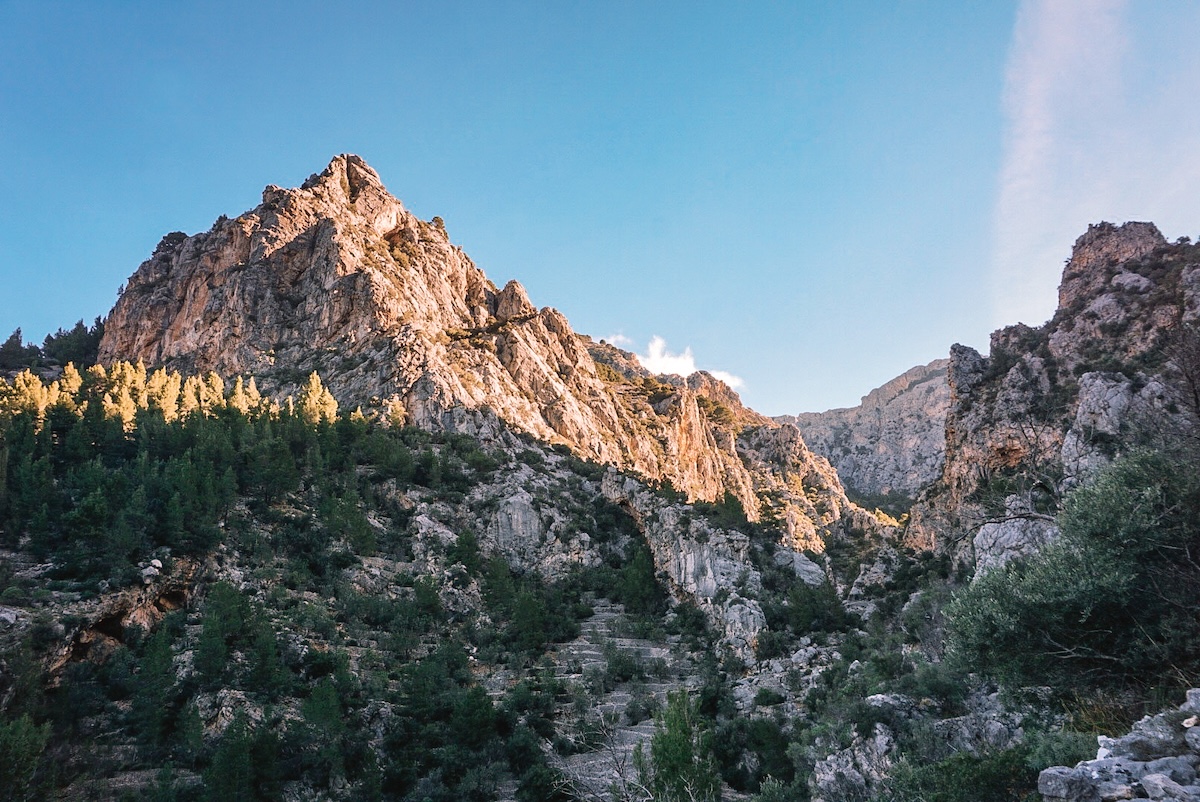 View of the mountains along the Barranc de Biniaraix hiking trail.