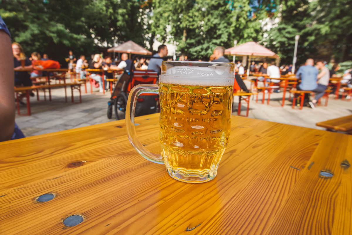 A beer stein in a Berlin beer garden. 