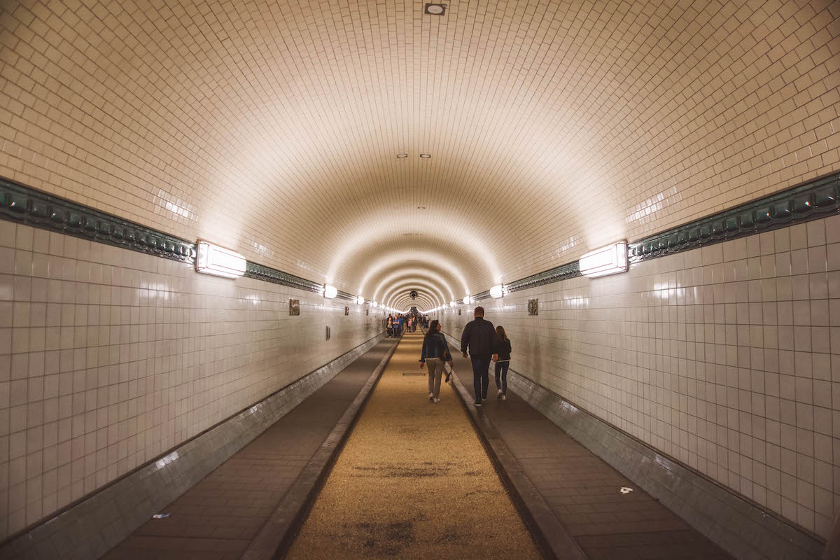 view from one end of the Old Elbe Tunnel in Hamburg