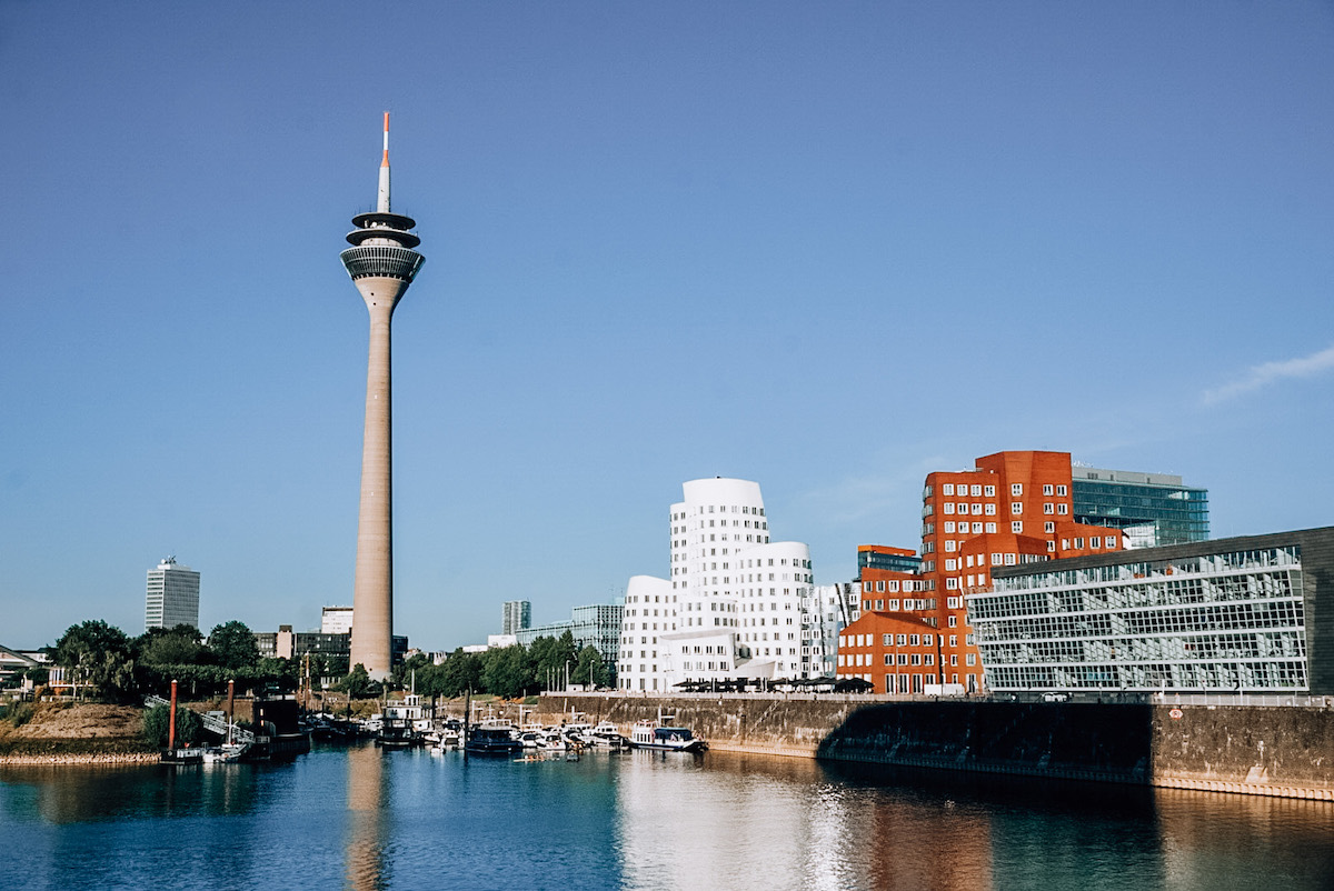 The Rheinturm and MedienHafen in Düsseldorf. 