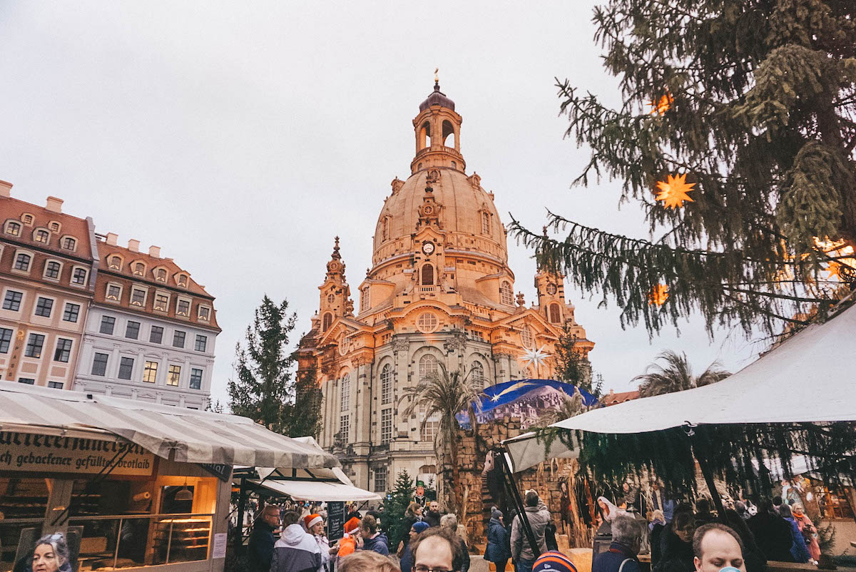 Frauenkirche Christmas market at dusk. 