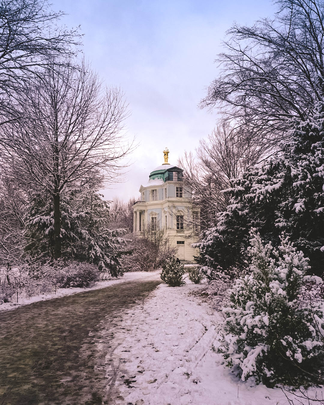 The Belvedere Tea House on the Charlottenburg Palace grounds, covered in snow. 