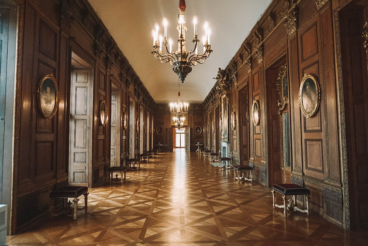 A wood paneled hallway in Charlottenburg Palace. 
