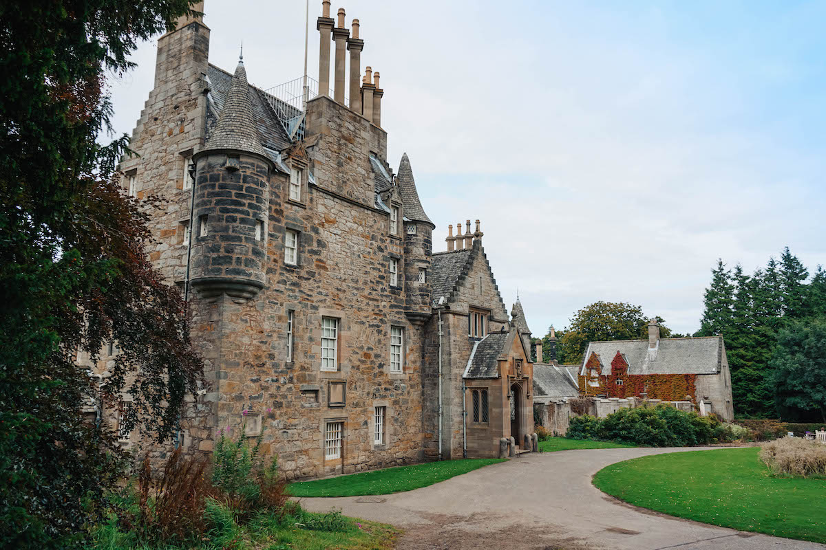 A view of the front of Lauriston Castle, at an angle. 