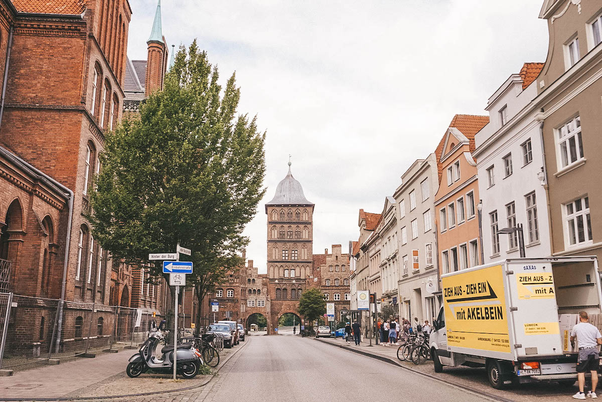 A street in Luebeck, with the Burgtor in the background. 