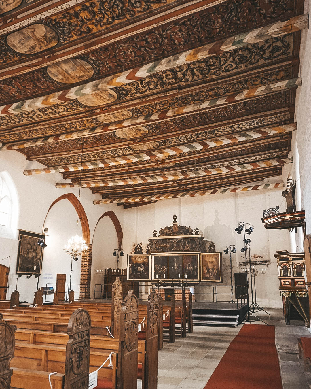 Inside the Church of the Holy Spirit in Wismar, with a view of the painted ceilings. 